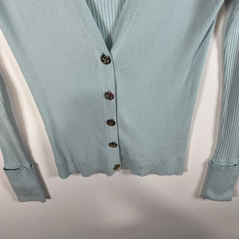 Tory Burch Cotton Long‎ Sleeve Cardigan Gold Button Sweater Sz Small Blue Luxury
